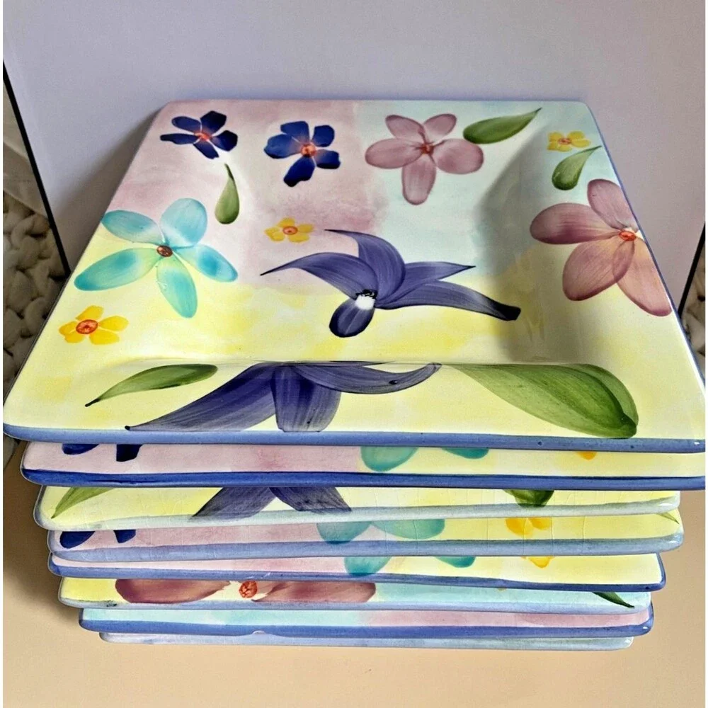 Crate & Barrel Kimono 7 x Square Salad Luncheon Plates 9.5
